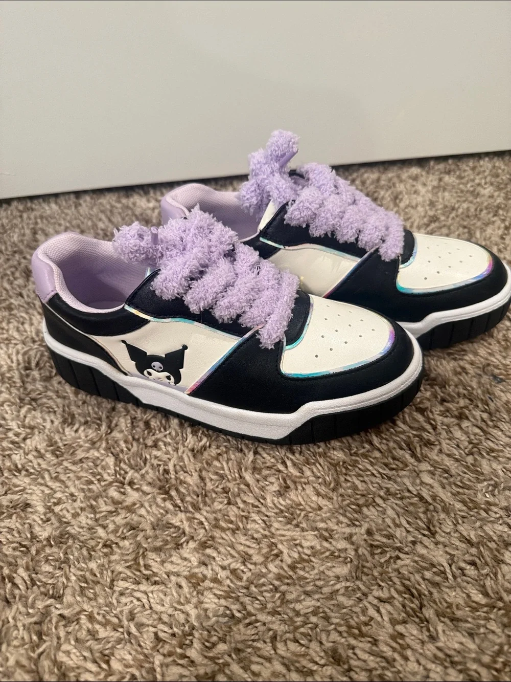 The Children's Place Black & White Kids Sneakers with Lilac Fuzzy Laces